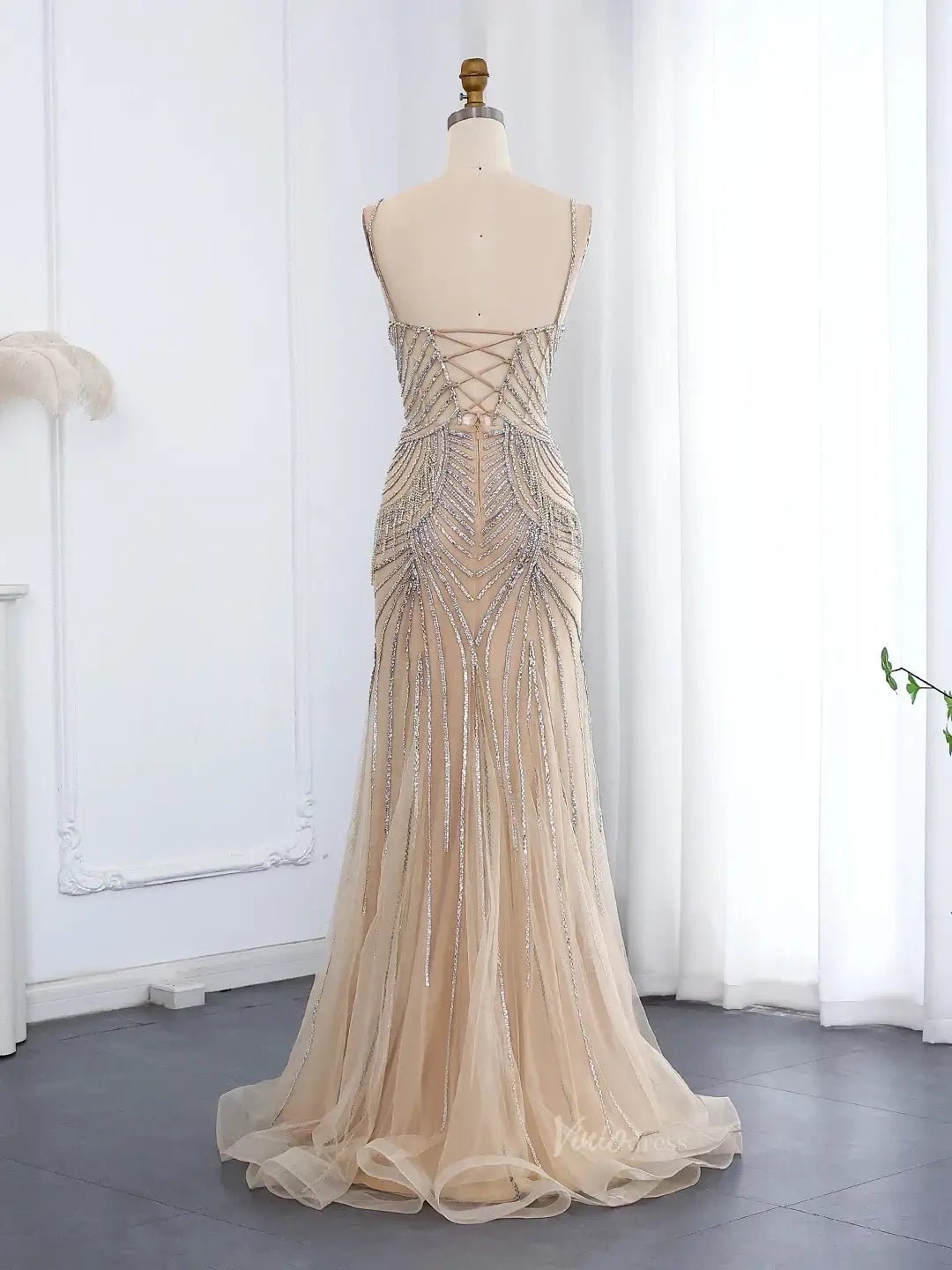 Spaghetti Strap Beaded Prom Dresses Vintage Mermaid Formal Dresses BD005-Evening Dresses 2025 -Viniodress-Champagne-US 2-