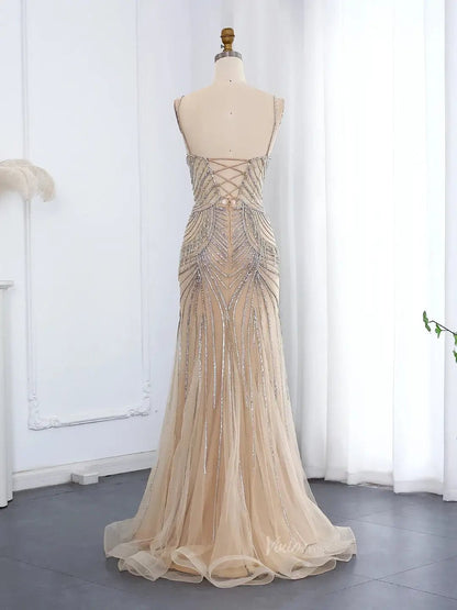 Spaghetti Strap Beaded Prom Dresses Vintage Mermaid Formal Dresses BD005-Evening Dresses 2025 -Viniodress-Champagne-US 2-
