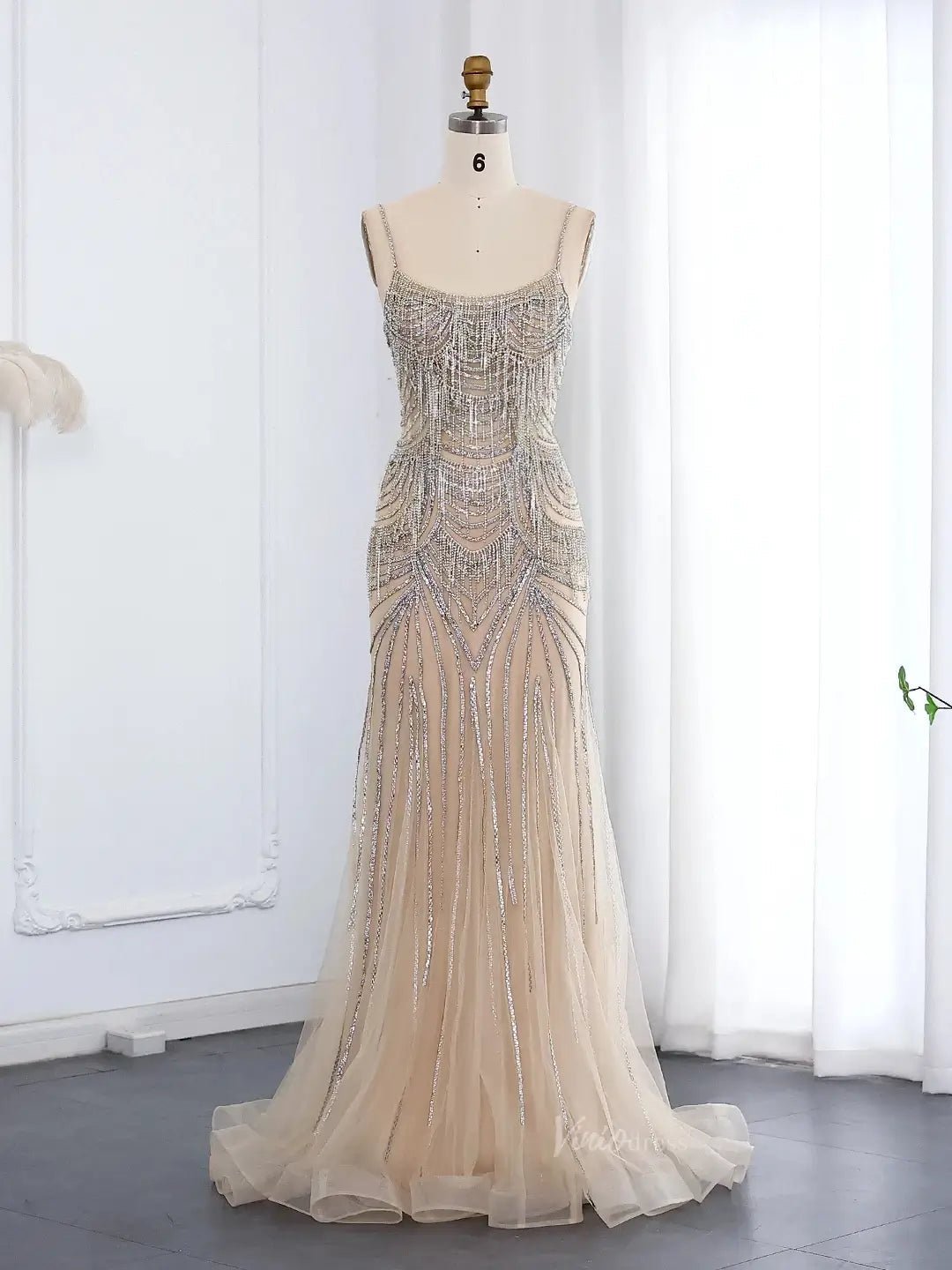 Spaghetti Strap Beaded Prom Dresses Vintage Mermaid Formal Dresses BD005-Evening Dresses 2025 -Viniodress-Champagne-US 2-