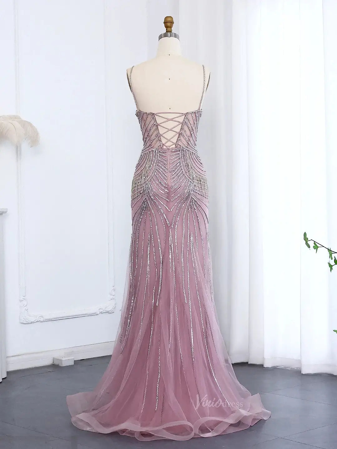 prom dresses 2025 Spaghetti Strap Beaded Prom Dresses Vintage Mermaid Formal Dresses BD005-plus size wedding dresses Viniodress-Champagne-US 2-