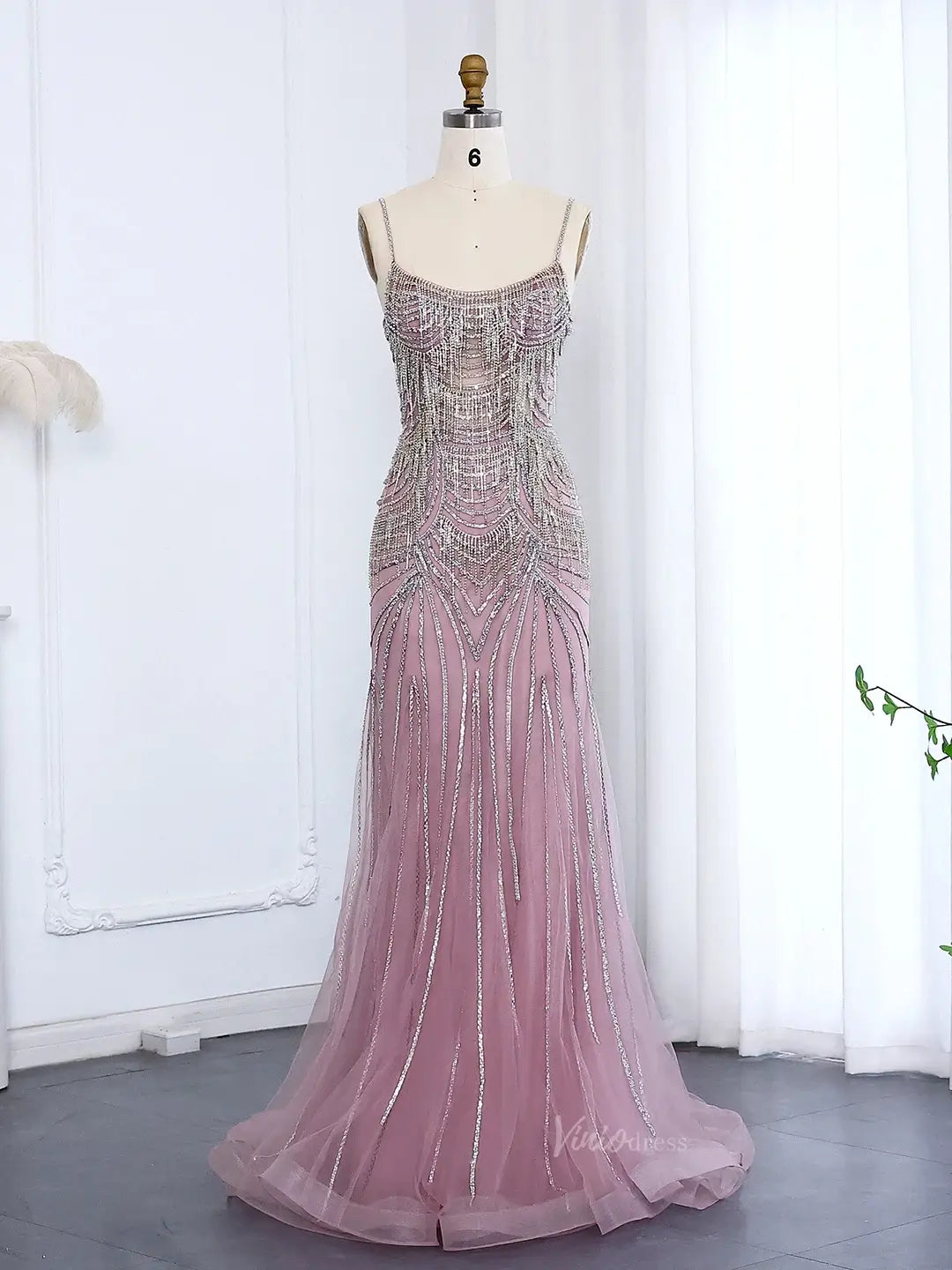 prom dresses 2025 Spaghetti Strap Beaded Prom Dresses Vintage Mermaid Formal Dresses BD005-plus size wedding dresses Viniodress-Pink-US 2-