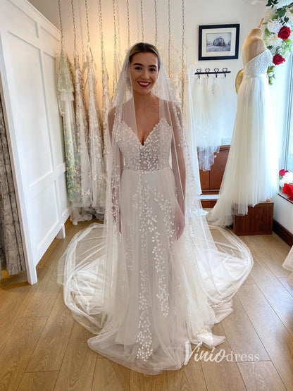 Spaghetti Strap Bell Orchid Lace Wedding Dresses with Slit VW2126-wedding dresses 2025 -Viniodress-Ivory-Custom Size-