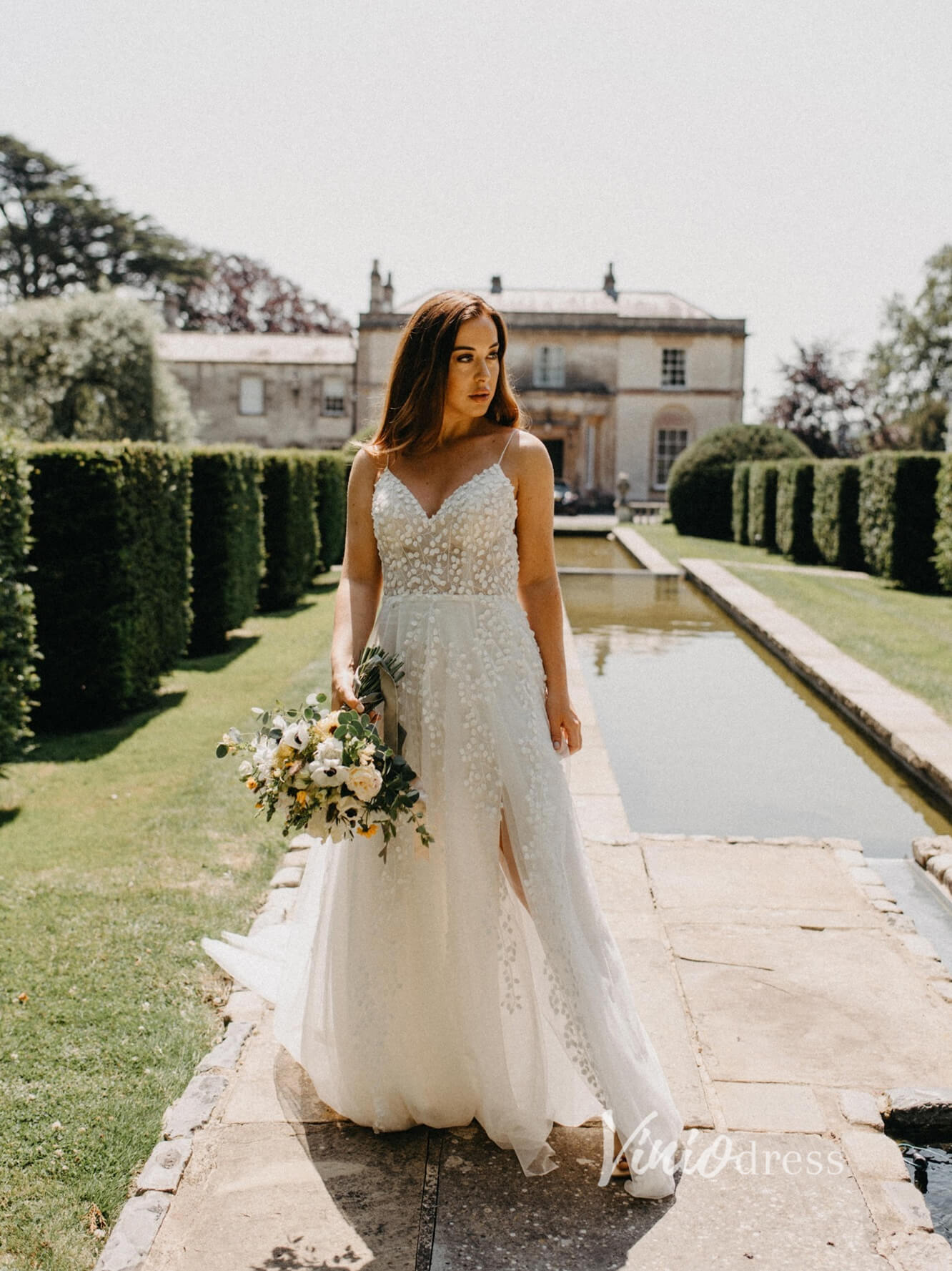 Spaghetti Strap Bell Orchid Lace Wedding Dresses with Slit VW2126-wedding dresses 2025 -Viniodress-Ivory-Custom Size-