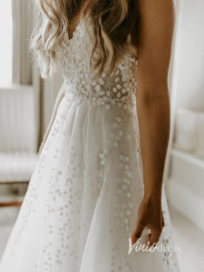 Spaghetti Strap Bell Orchid Lace Wedding Dresses with Slit VW2126-wedding dresses 2025 -Viniodress-Ivory-Custom Size-