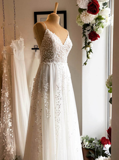 Spaghetti Strap Bell Orchid Lace Wedding Dresses with Slit VW2126-wedding dresses 2025 -Viniodress-Ivory-Custom Size-