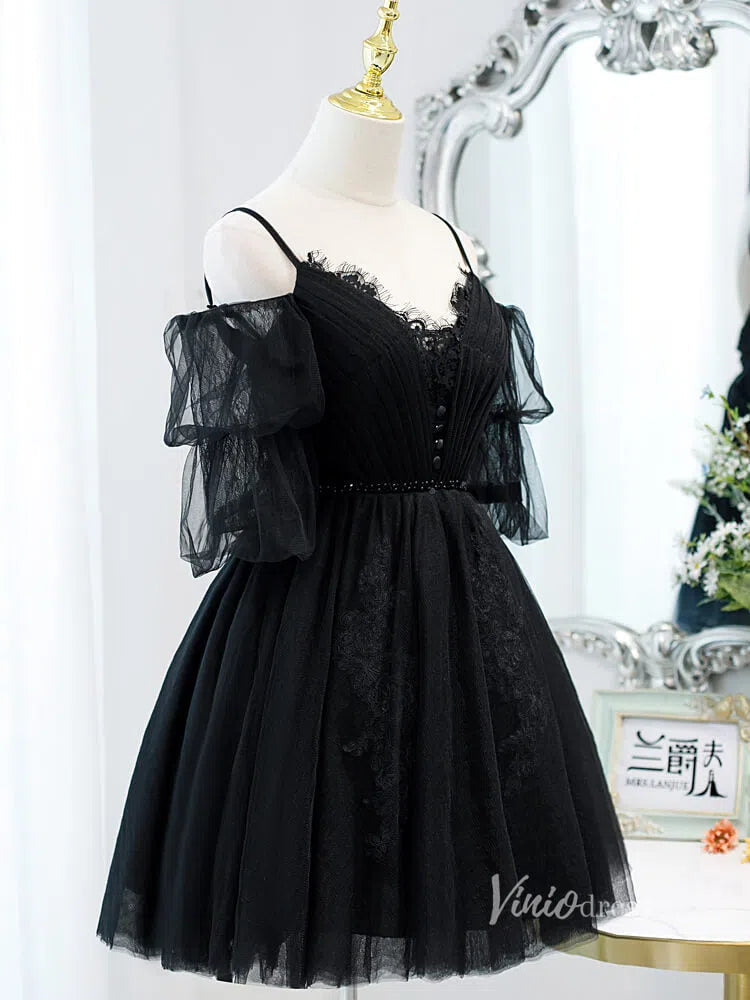 Spaghetti Strap Black Homecoming Dresses with Sleeves SD1410-Homecoming Dresses 2025 -Viniodress-Black-Custom Size-