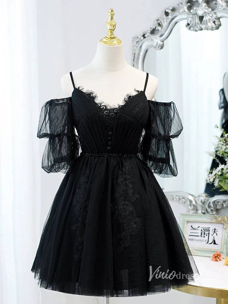 Spaghetti Strap Black Homecoming Dresses with Sleeves SD1410-Homecoming Dresses 2025 -Viniodress-Black-Custom Size-