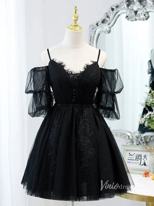 Short Prom Dresses 2025 Spaghetti Strap Black Homecoming Dresses with Sleeves SD1410-homecoming dresses-Viniodress-Black-Custom Size-Viniodress