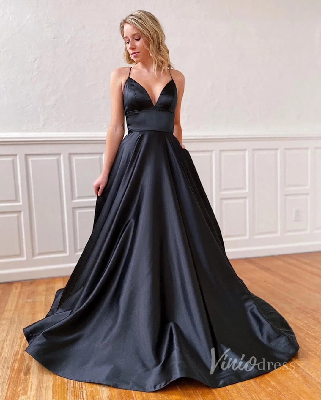 Spaghetti Strap Black Prom Dresses with Pockets Evening Dress FD1359B-prom dresses 2025 -Viniodress-Black-Custom Size-