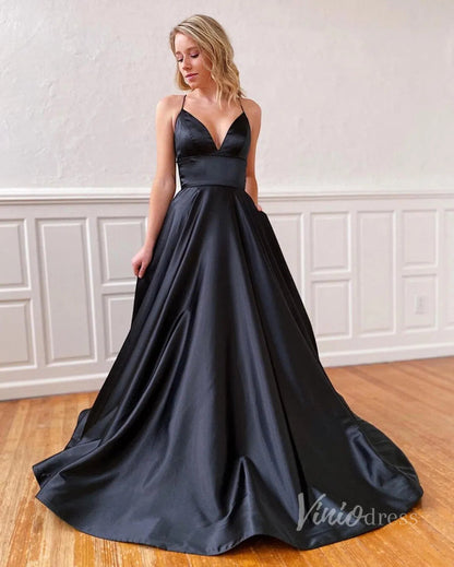 Spaghetti Strap Black Prom Dresses with Pockets Evening Dress FD1359B-prom dresses 2025 -Viniodress-Black-Custom Size-