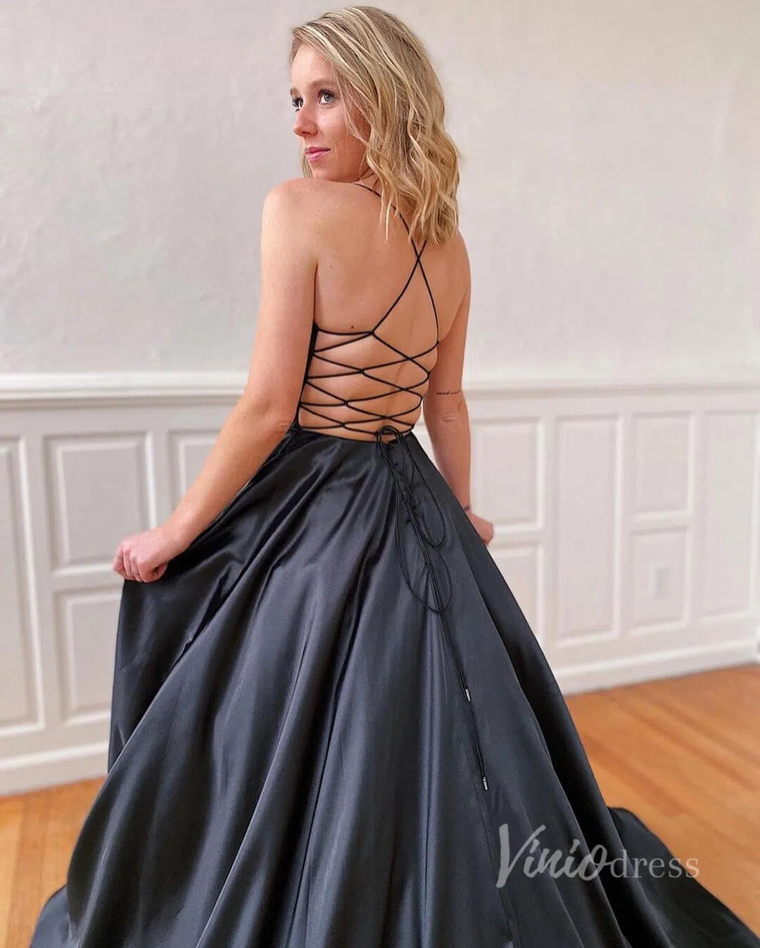 Spaghetti Strap Black Prom Dresses with Pockets Evening Dress FD1359B-prom dresses 2025 -Viniodress-Black-Custom Size-