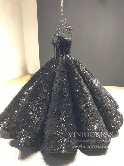 Spaghetti Strap Black Sequin Ball Gown Prom Dresses 66567 viniodress-prom dresses 2025 -Viniodress-Black-Custom Size-
