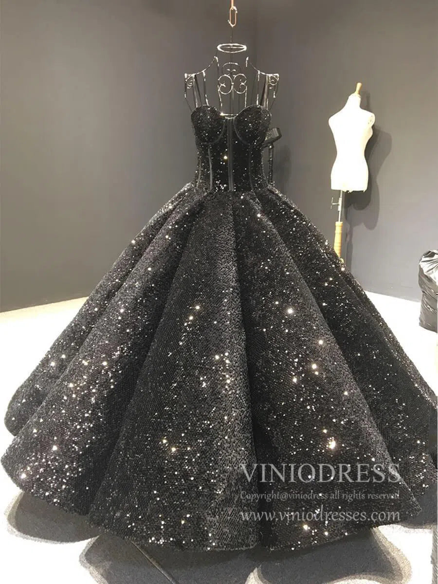 Spaghetti Strap Black Sequin Ball Gown Prom Dresses 66567 viniodress-prom dresses 2025 -Viniodress-Black-Custom Size-