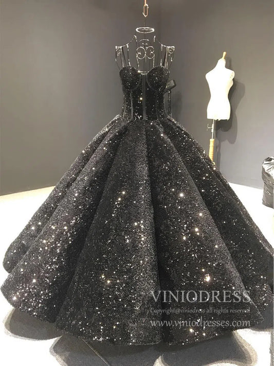 Spaghetti Strap Black Sequin Ball Gown Prom Dresses 66567 viniodress-prom dresses 2025 -Viniodress-Black-Custom Size-