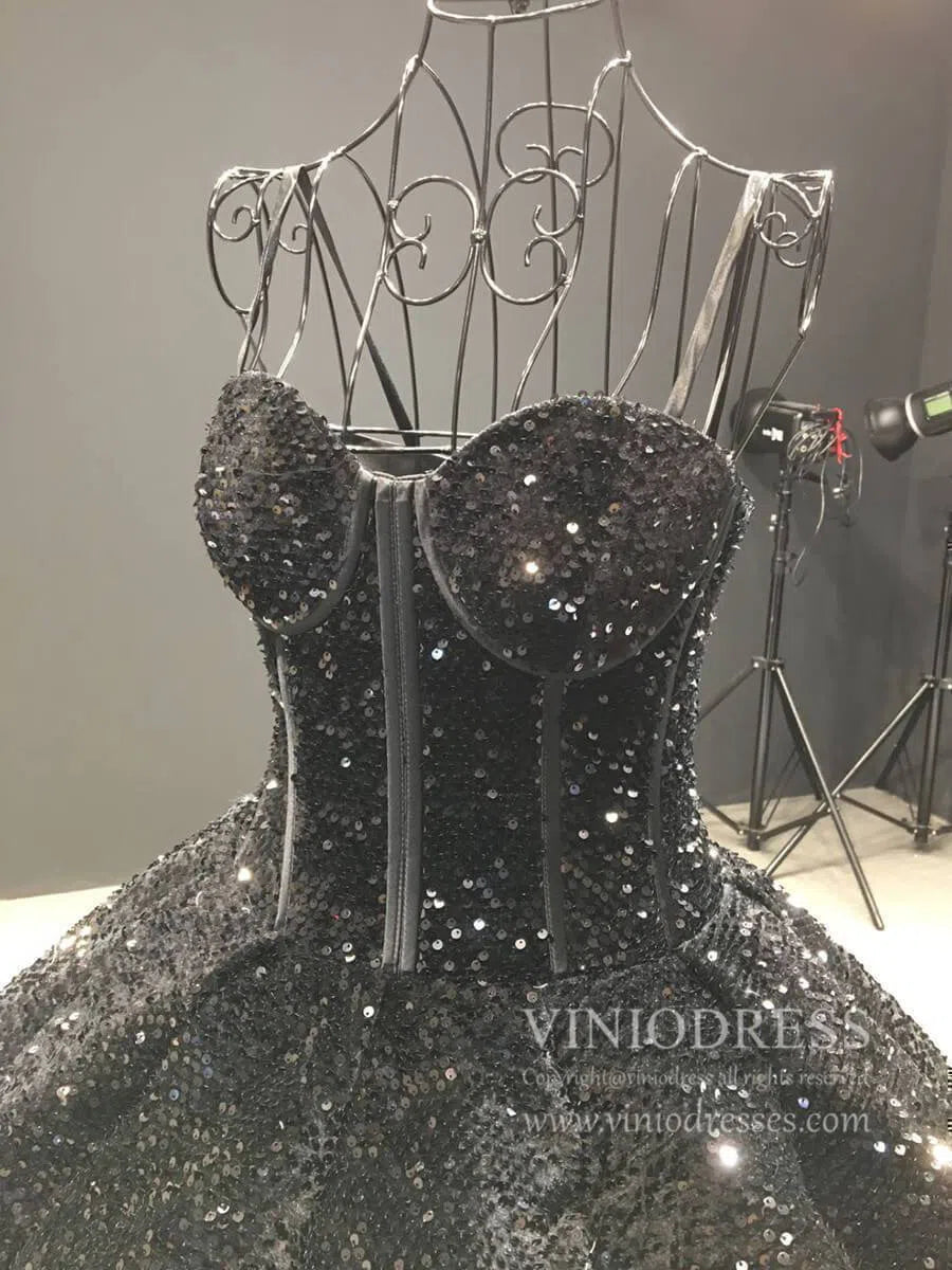 prom dresses 2025 Spaghetti Strap Black Sequin Ball Gown Prom Dresses 66567 viniodress-plus size wedding dresses Viniodress-Black-Custom Size-