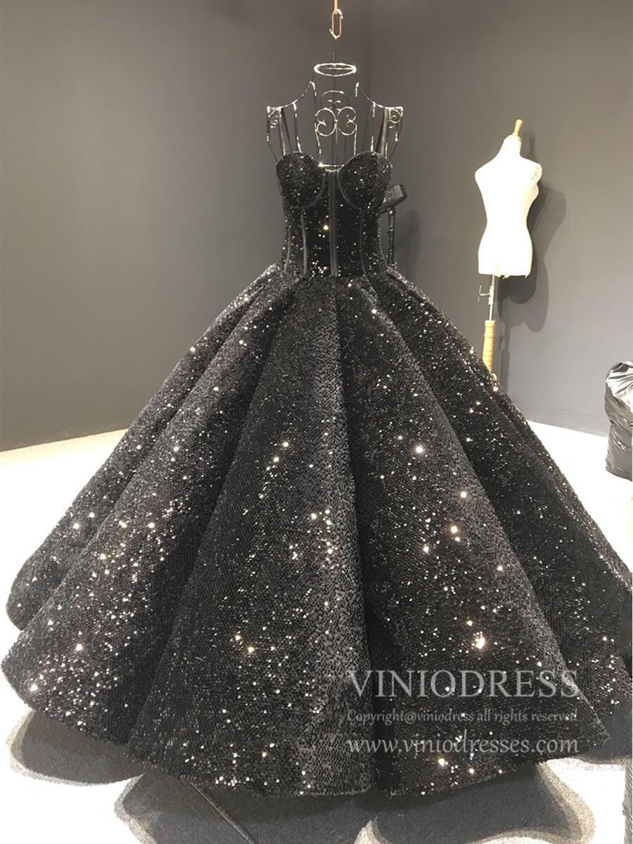 Spaghetti Strap Black Sequin Ball Gown Prom Dresses 66567 viniodress-prom dresses-Viniodress-Black-Custom Size-Viniodress