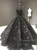 Spaghetti Strap Black Sequin Ball Gown Prom Dresses 66567 viniodress