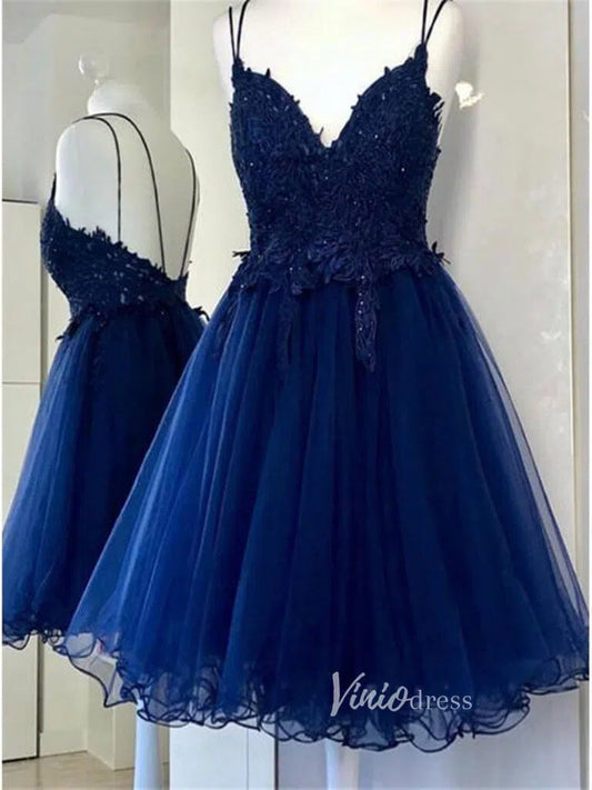 Short Prom Dresses 2025 Spaghetti Strap Blue Lace Homecoming Dresses SD1149-homecoming dresses-Viniodress-Blue-Custom Size-Viniodress