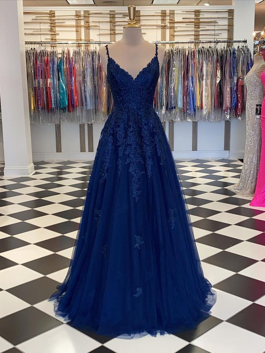 Prom Dress 2025 Spaghetti Strap Blue Prom Dresses Lace Appliqued Formal Dress FD2637-unique prom dresses-Navy Blue-Custom Size-Viniodress