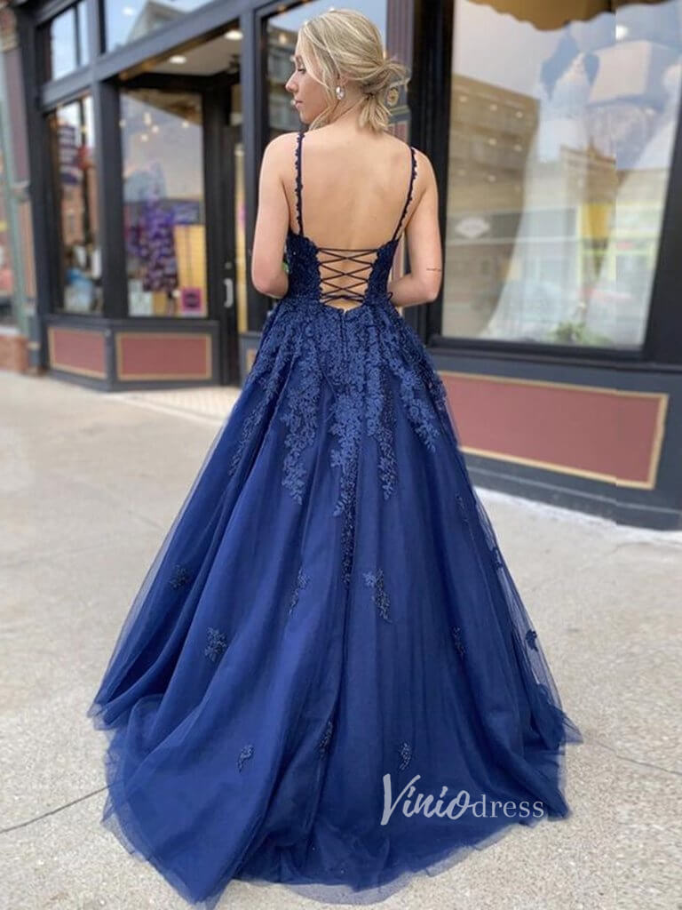 Prom Dress 2025 Spaghetti Strap Blue Prom Dresses Lace Appliqued Formal Dress FD2637-unique prom dresses-Navy Blue-Custom Size-Viniodress