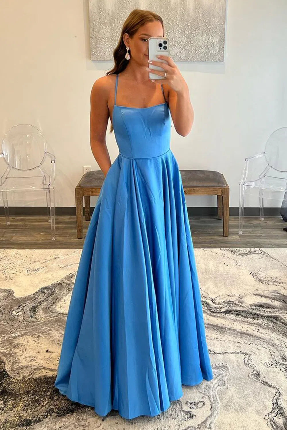 Spaghetti Strap Blue Satin Prom Dresses with Pockets FD3515B-prom dresses-Viniodress-Blue-Custom Size-Viniodress