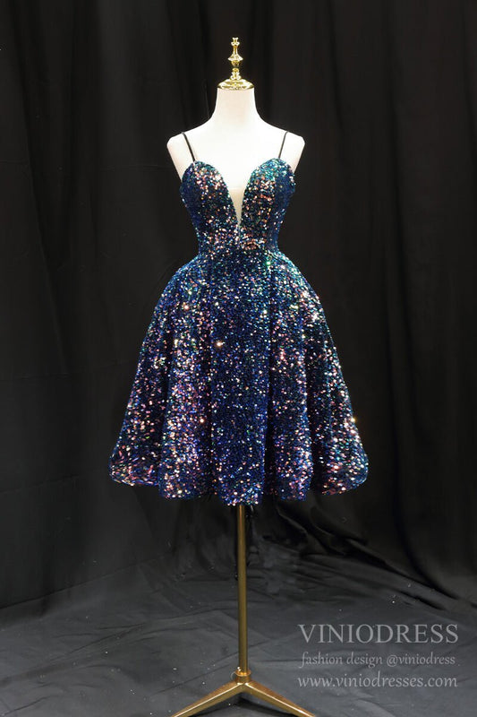 Spaghetti Strap Blue Sequin Shiny Homecoming Dresses SD1393-Homecoming Dresses 2025 -Viniodress-Blue-Custom Size-