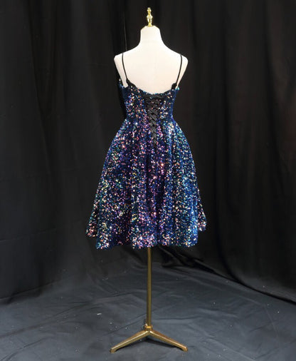 Spaghetti Strap Blue Sequin Shiny Homecoming Dresses SD1393-Homecoming Dresses 2025 -Viniodress-Blue-Custom Size-