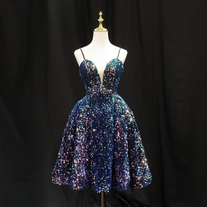 Spaghetti Strap Blue Sequin Shiny Homecoming Dresses SD1393-Homecoming Dresses 2025 -Viniodress-Blue-Custom Size-