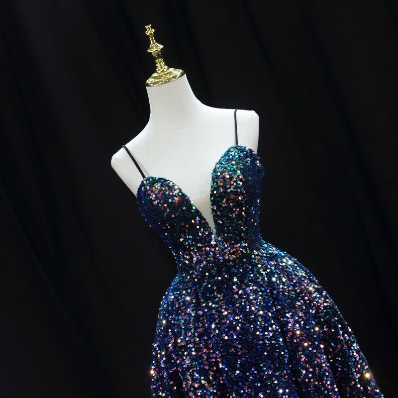 Spaghetti Strap Blue Sequin Shiny Homecoming Dresses SD1393-Homecoming Dresses 2025 -Viniodress-Blue-Custom Size-