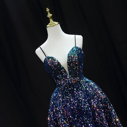 Spaghetti Strap Blue Sequin Shiny Homecoming Dresses SD1393-Homecoming Dresses 2025 -Viniodress-Blue-Custom Size-