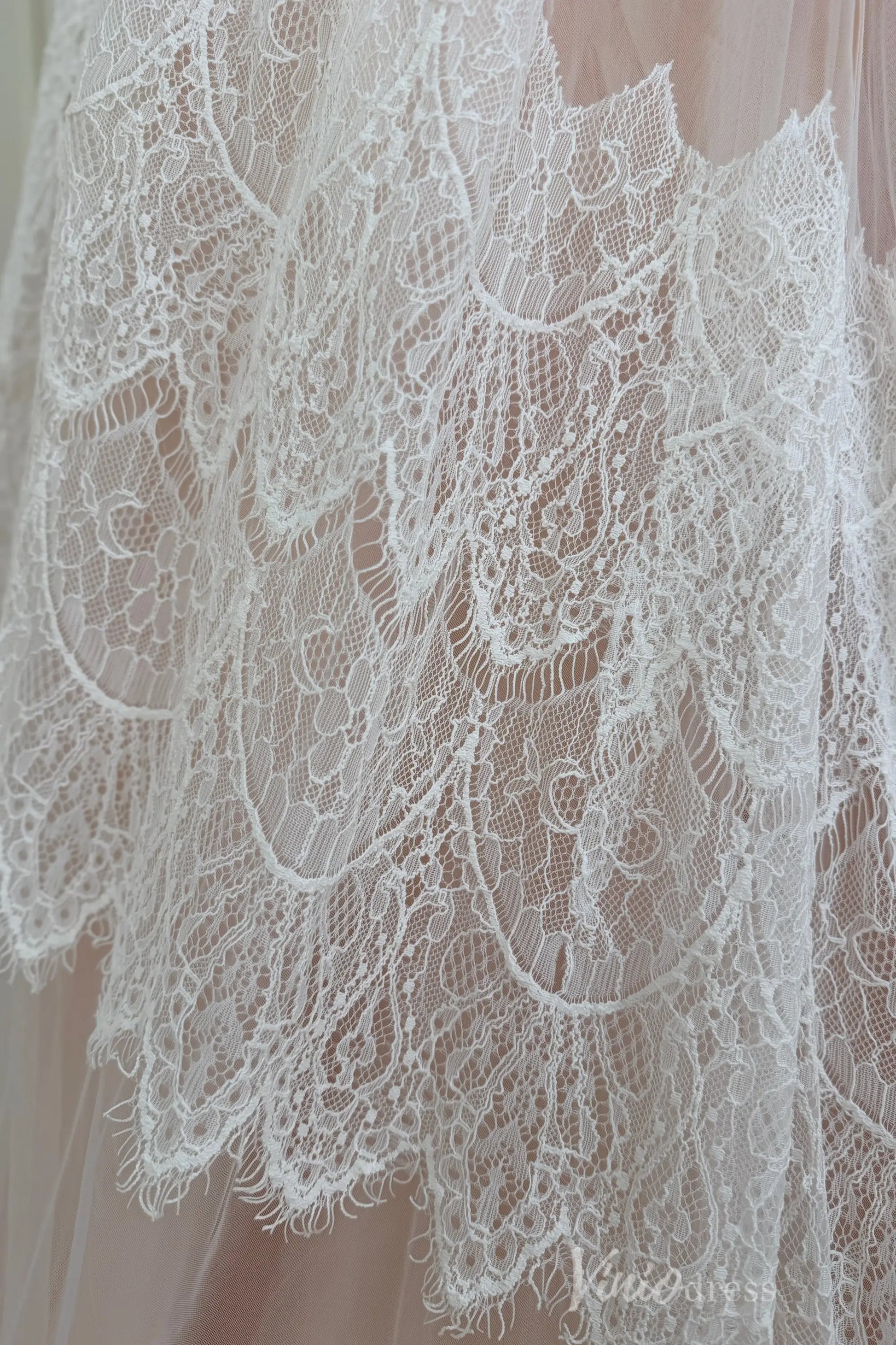 Spaghetti Strap Bohemian Lace Beach Wedding Dress | A-Line Gown with Lace-Up Back & Pockets VW2104-wedding dresses 2025 -Viniodress-Champagne-Custom Size-