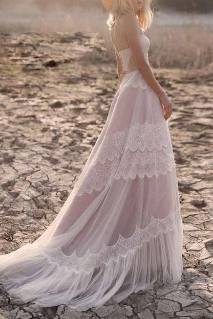 Spaghetti Strap Bohemian Lace Beach Wedding Dress | A-Line Gown with Lace-Up Back & Pockets VW2104-wedding dresses 2025 -Viniodress-Champagne-Custom Size-