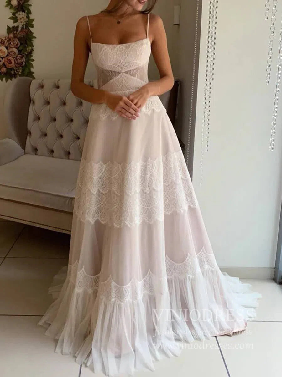 Spaghetti Strap Bohemian Lace Beach Wedding Dress | A-Line Gown with Lace-Up Back & Pockets VW2104-wedding dresses 2025 -Viniodress-Champagne-Custom Size-