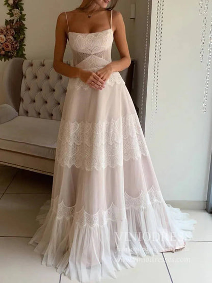 Spaghetti Strap Bohemian Lace Beach Wedding Dress | A-Line Gown with Lace-Up Back & Pockets VW2104-wedding dresses 2025 -Viniodress-Champagne-Custom Size-