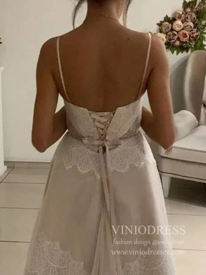 Spaghetti Strap Bohemian Lace Beach Wedding Dress | A-Line Gown with Lace-Up Back & Pockets VW2104-wedding dresses 2025 -Viniodress-Champagne-Custom Size-