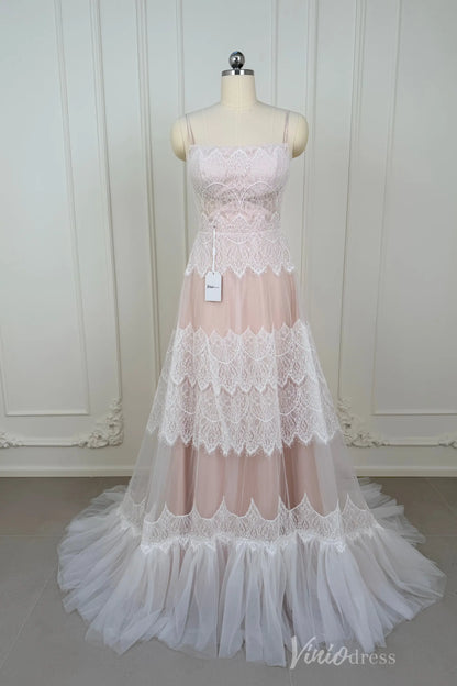 Spaghetti Strap Bohemian Lace Beach Wedding Dress | A-Line Gown with Lace-Up Back & Pockets VW2104-wedding dresses 2025 -Viniodress-Champagne-Custom Size-