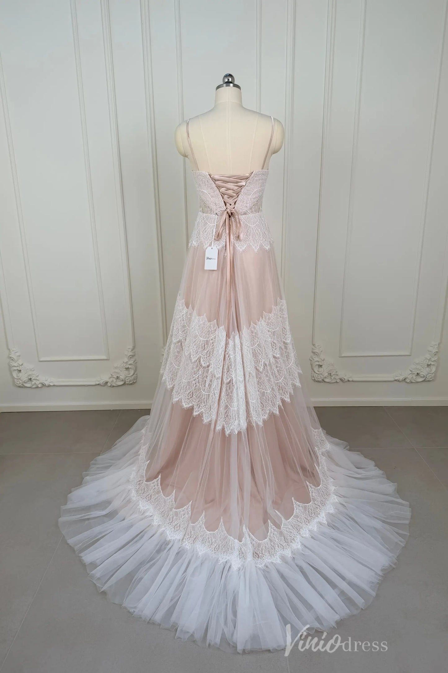 Spaghetti Strap Bohemian Lace Beach Wedding Dress | A-Line Gown with Lace-Up Back & Pockets VW2104-wedding dresses 2025 -Viniodress-Champagne-Custom Size-