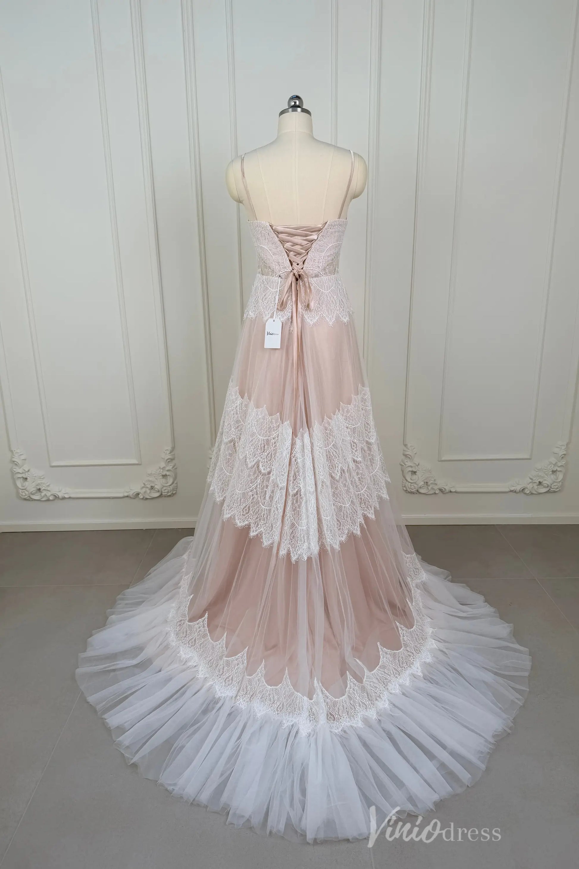 Spaghetti Strap Bohemian Lace Beach Wedding Dress | A-Line Gown with Lace-Up Back & Pockets VW2104-wedding dresses 2025 -Viniodress-Champagne-Custom Size-