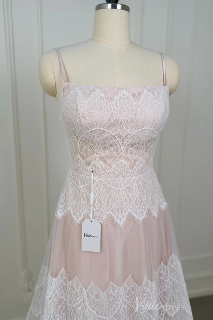 Spaghetti Strap Bohemian Lace Beach Wedding Dress | A-Line Gown with Lace-Up Back & Pockets VW2104-wedding dresses 2025 -Viniodress-Champagne-Custom Size-