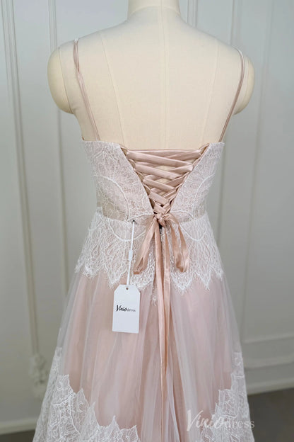 Spaghetti Strap Bohemian Lace Beach Wedding Dress | A-Line Gown with Lace-Up Back & Pockets VW2104-wedding dresses 2025 -Viniodress-Champagne-Custom Size-