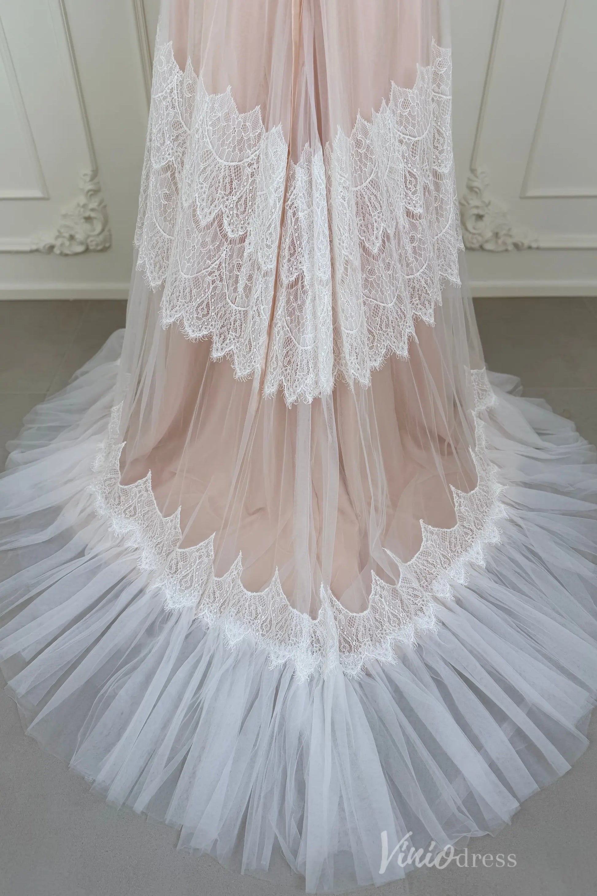 Spaghetti Strap Bohemian Lace Beach Wedding Dress | A-Line Gown with Lace-Up Back & Pockets VW2104-wedding dresses 2025 -Viniodress-Champagne-Custom Size-