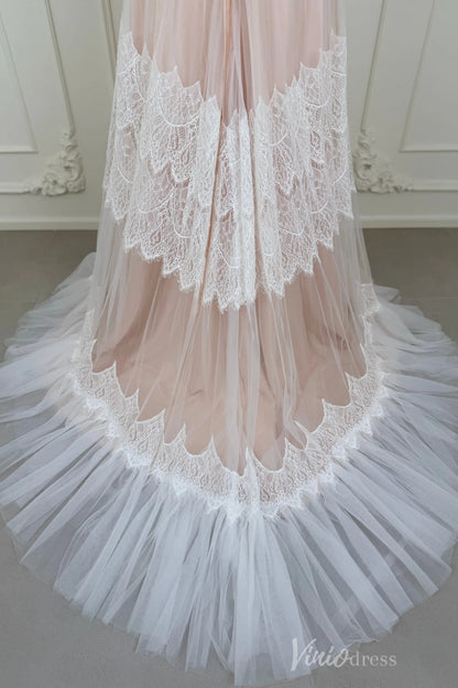 Spaghetti Strap Bohemian Lace Beach Wedding Dress | A-Line Gown with Lace-Up Back & Pockets VW2104-wedding dresses 2025 -Viniodress-Champagne-Custom Size-