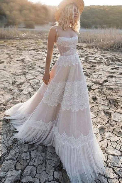 Spaghetti Strap Bohemian Lace Beach Wedding Dress | A-Line Gown with Lace-Up Back & Pockets VW2104-wedding dresses 2025 -Viniodress-Champagne-Custom Size-