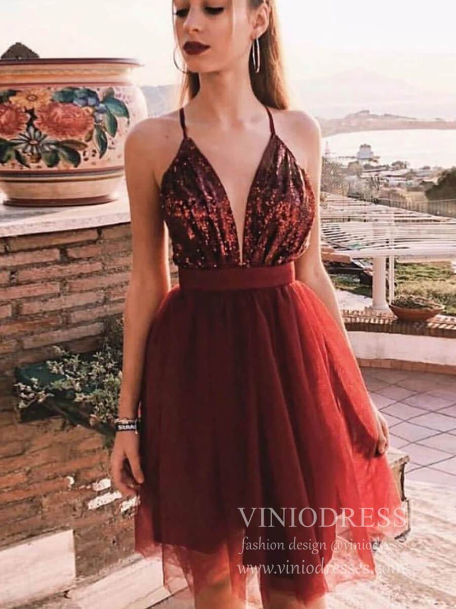 Short Prom Dresses 2025 Spaghetti Strap Burgundy Cocktail Dresses Deep V Neck Hoco Dress SD1395-homecoming dresses-Viniodress-Burgundy-Custom Size-Viniodress