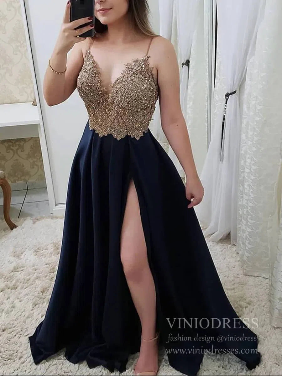 Spaghetti Strap Burgundy Long Prom Dresses with Slit FD1406-prom dresses-Viniodress-Black-Custom Size-Viniodress