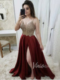 Spaghetti Strap Burgundy Long Prom Dresses with Slit FD1406-prom dresses-Viniodress-Burgundy-Custom Size-Viniodress