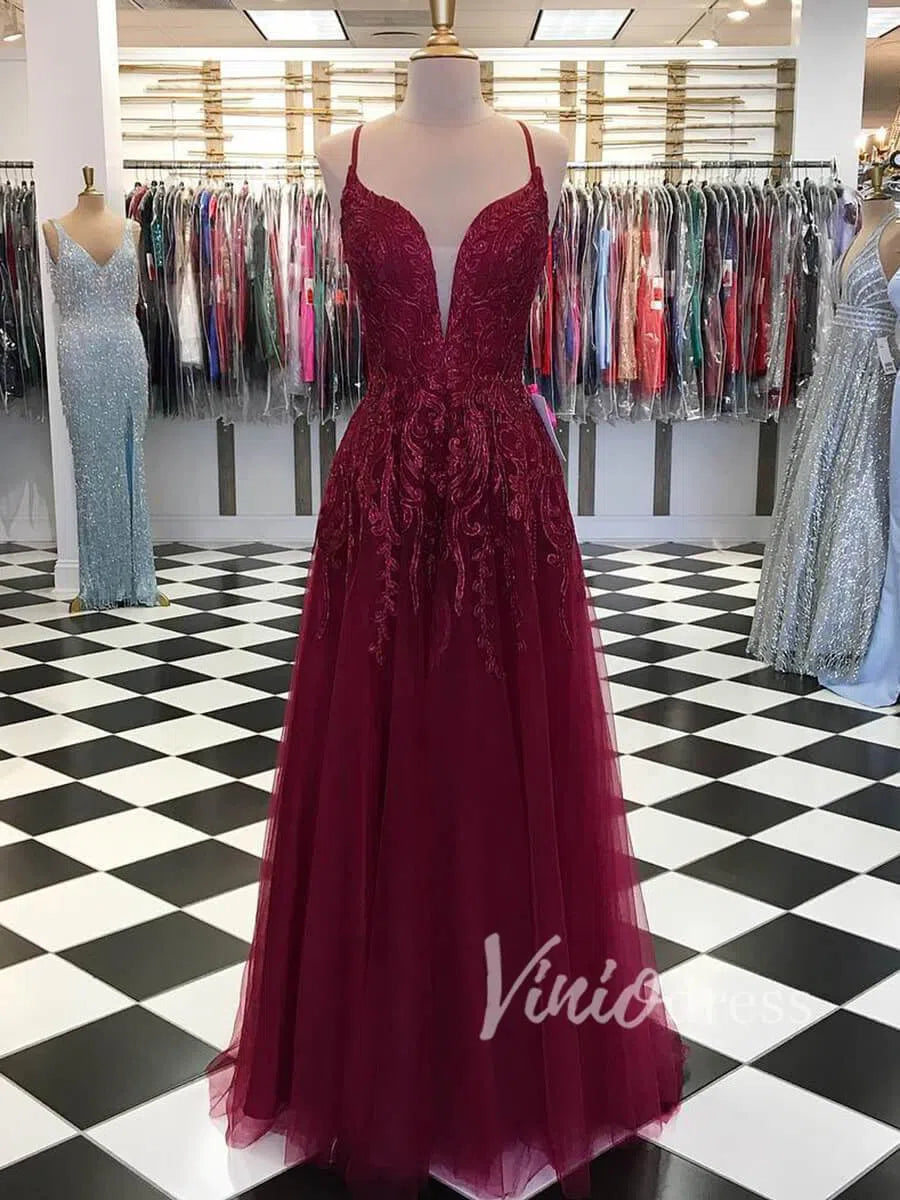 Prom Dress 2025 Spaghetti Strap Burgundy Prom Dresses Long FD1508-unique prom dresses-Burgundy-Custom Size-Viniodress