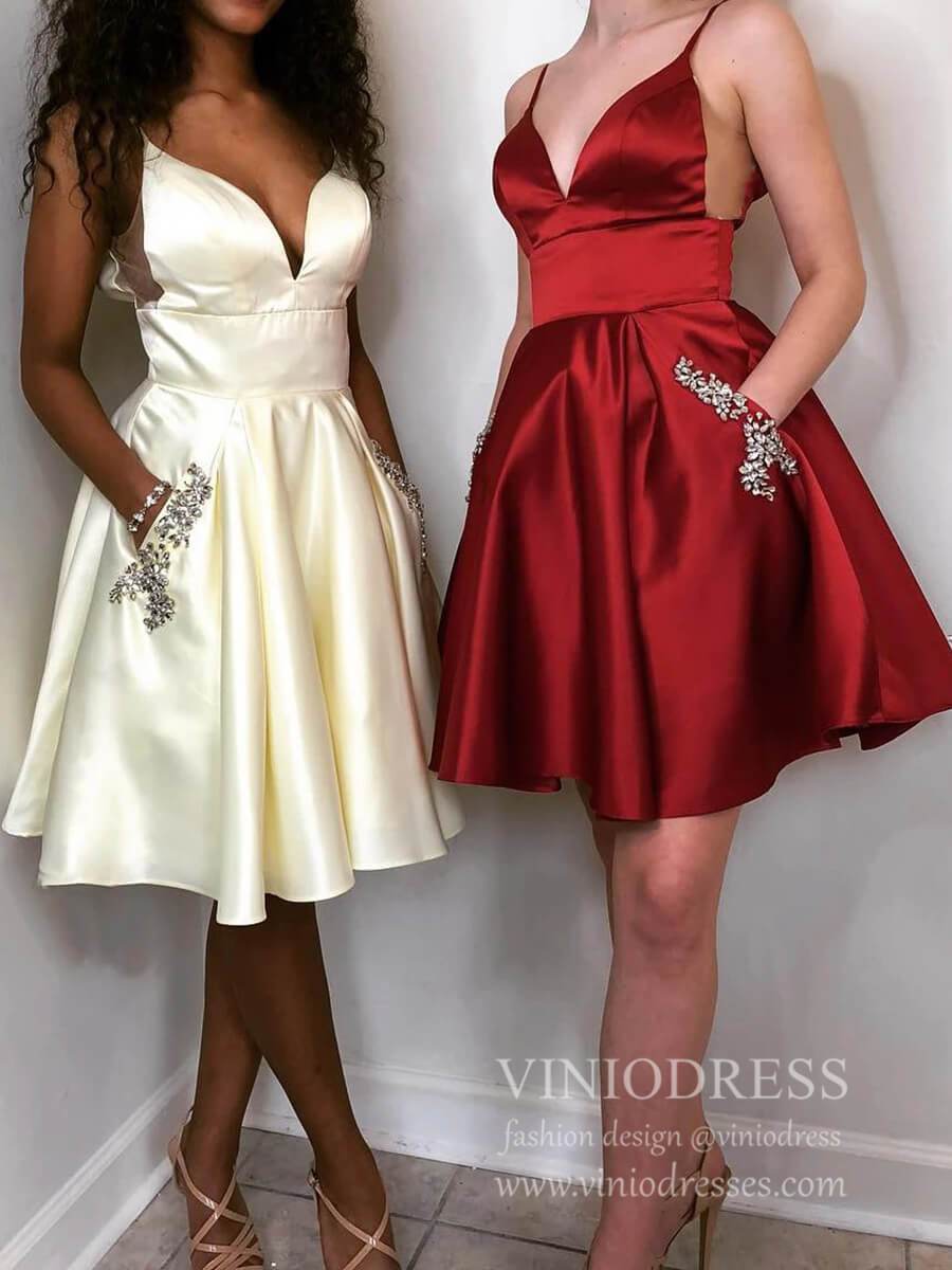 Spaghetti Strap Burgundy Satin Homecoming Dresses with Pockets SD1281-Homecoming Dresses 2025 -Viniodress-Burgundy-Custom Size-