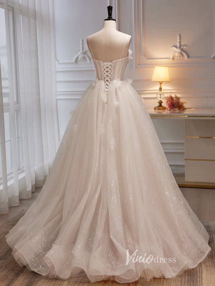 Spaghetti Strap Champagne Ball Gown Glittery Lace Prom Dress Corset Back FD3527-prom dresses 2025 -Viniodress-Long-Champagne-Custom Size