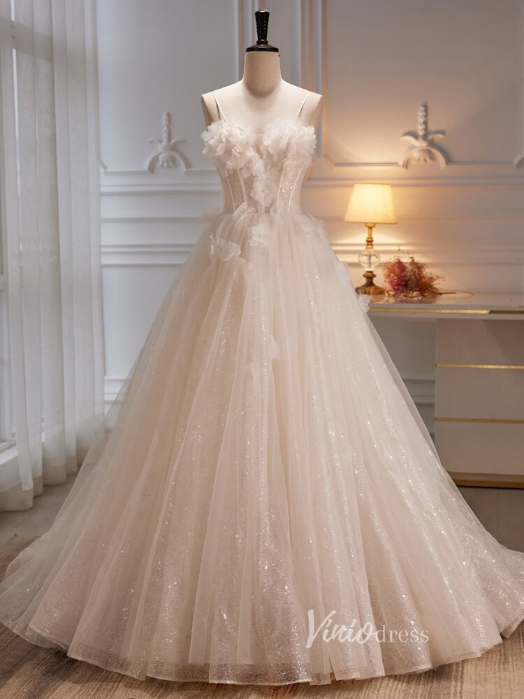 Spaghetti Strap Champagne Ball Gown Glittery Lace Prom Dress Corset Back FD3527-prom dresses 2025 -Viniodress-Long-Champagne-Custom Size